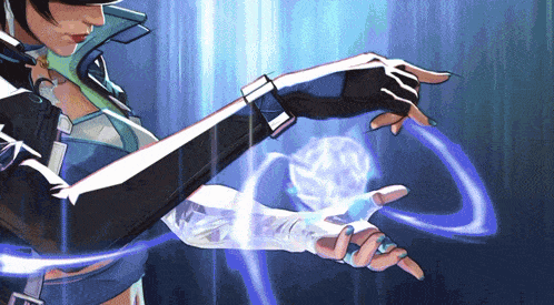 a cartoon drawing of a woman holding a blue object in her hand