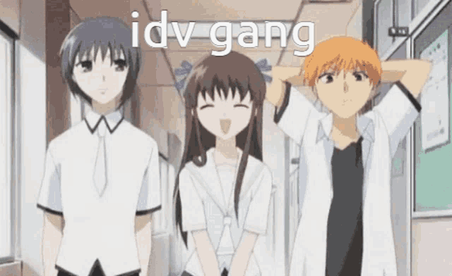 a group of anime characters standing next to each other in a hallway with the words `` idv gang '' on the bottom .