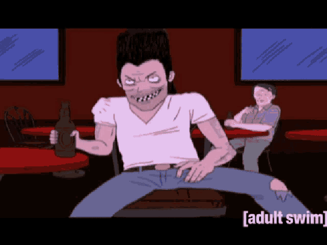a cartoon of a man holding a bottle of beer with the words adult swim behind him