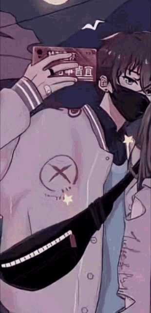 a person wearing a mask is taking a selfie