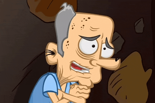 a cartoon of a man with a long nose and gray hair