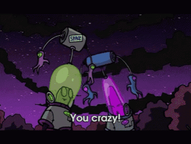 a cartoon character says " you crazy " in front of a purple background