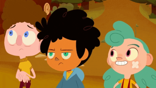 a group of cartoon characters are standing next to each other and one has a cross on his mouth