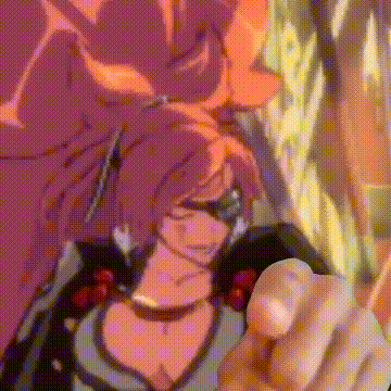 a close up of a person 's hand pointing at a cartoon character with purple hair .