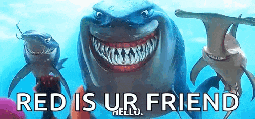 a group of sharks are swimming in the ocean with the words `` red is ur friend hello '' .