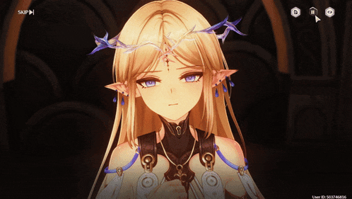 a screenshot of a video game shows a girl with a crown on her head and the words " skip " at the top
