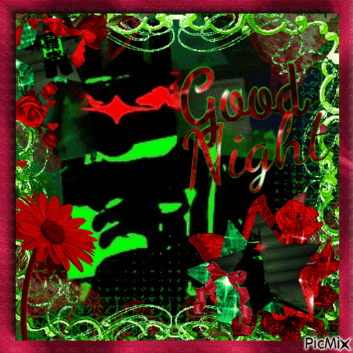 a picture with flowers and the words good night written in red