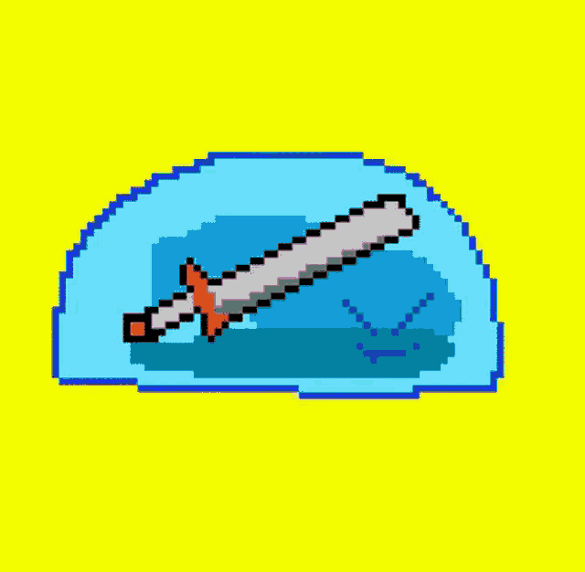 a pixel art drawing of a sword in a blue circle