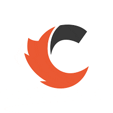 an orange and black logo with the letter c in the center