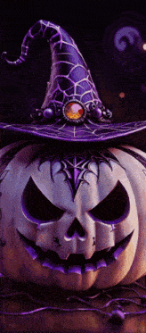 a white pumpkin with a purple witch hat on top of it