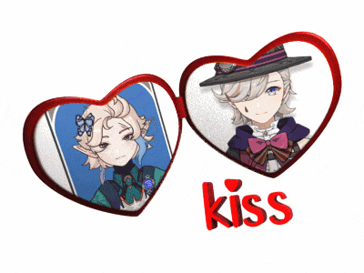 two hearts with pictures of anime characters and the word kiss in red