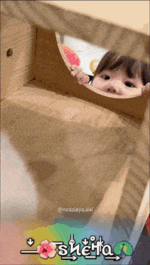 a little girl peeking out of a wooden box with the name sheita on the bottom right