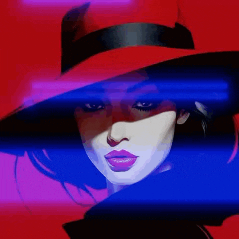 a woman wearing a red hat and a black coat is surrounded by blue lights .