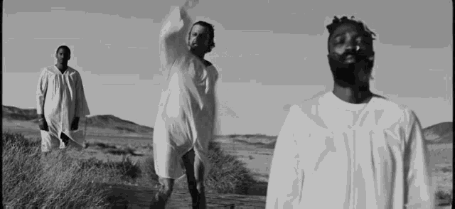 a group of men in white robes are standing in a field .