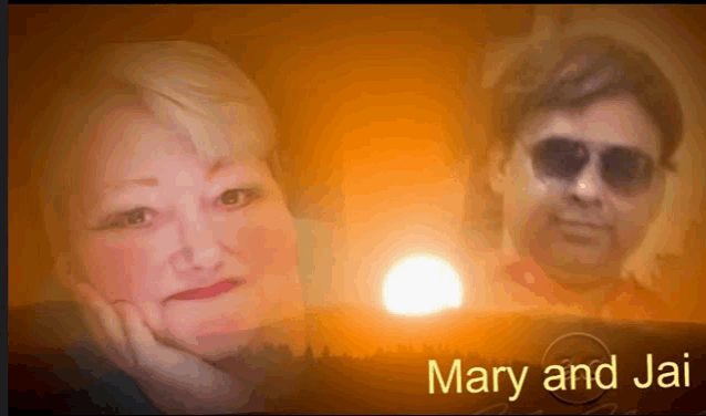 a picture of mary and jai with a sun in the background
