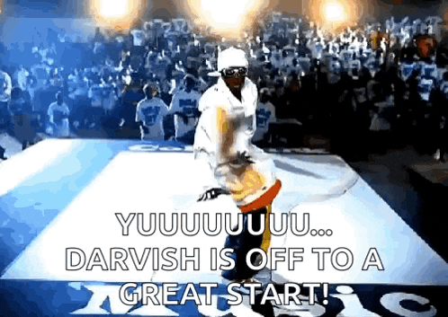 a man is dancing in front of a crowd with the words " darvish is off to a great start "