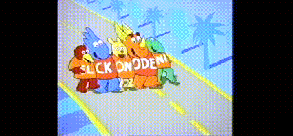 a group of cartoon characters holding a sign that says " slick onodera "