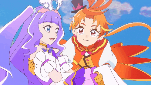 a couple of anime characters standing next to each other with a blue sky in the background