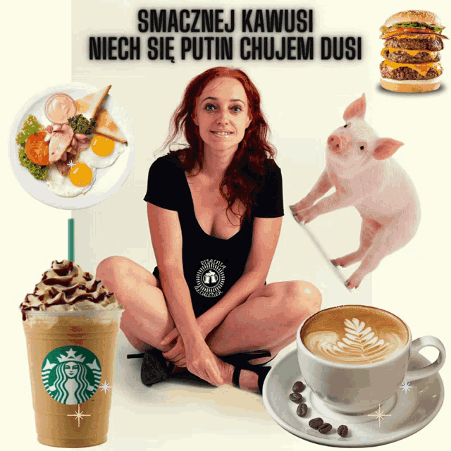 a woman sits on the floor next to a starbucks drink