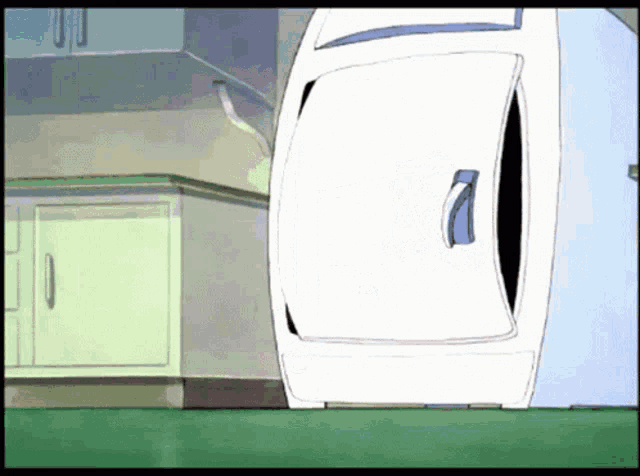 a cartoon of a refrigerator with the door open and a blue handle