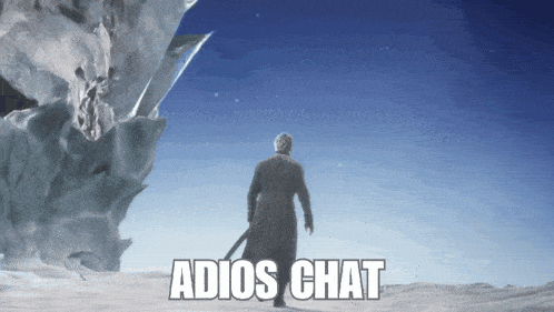 a man with a sword is standing in front of a monster with the words adios chat written below him