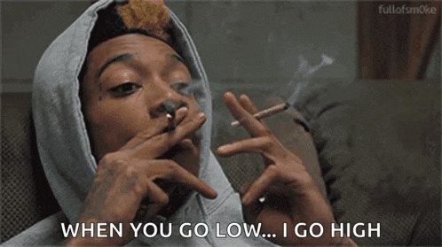 a man in a hoodie is smoking a cigarette and says when you go low i go high .