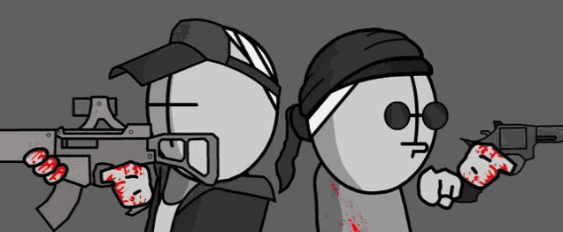 two cartoon characters are holding guns in their hands