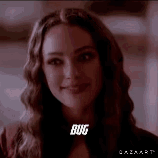 a close up of a woman 's face with the words `` bug '' written on it .