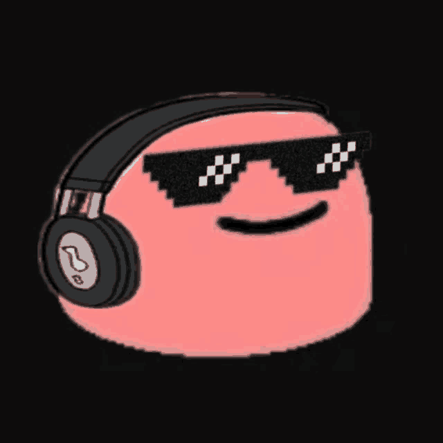 a cartoon character wearing headphones and sunglasses with a smiley face
