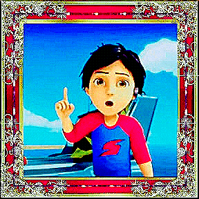 a cartoon boy in a blue shirt is pointing his finger up