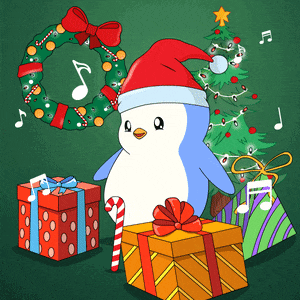 a penguin wearing a santa hat is surrounded by christmas presents and a christmas tree