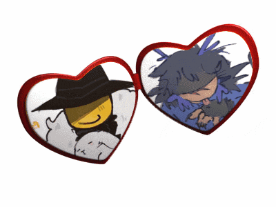 two hearts with cartoon characters inside of them one of which is wearing a hat