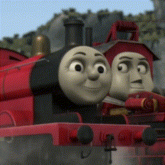 two thomas the train characters are sitting next to each other .