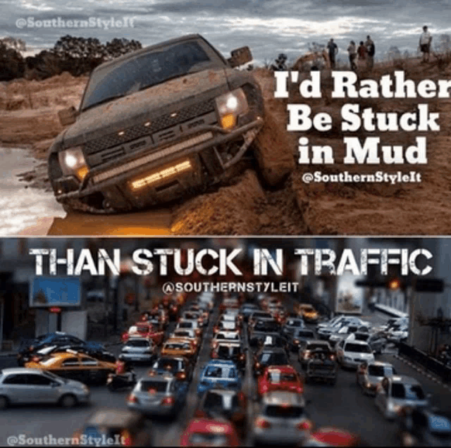 a picture of a truck stuck in the mud and a picture of a traffic jam