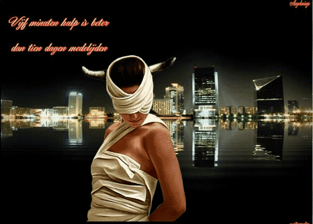 a woman with horns on her head is standing in front of a city