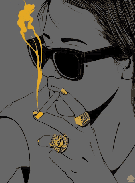 a drawing of a woman wearing sunglasses and a gold ring smoking a cigarette