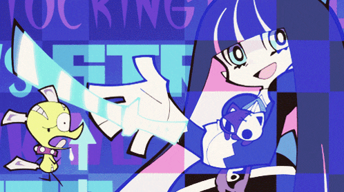 a cartoon drawing of a girl holding a sword with the word " sucking " in the background