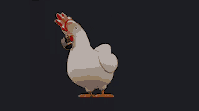 a cartoon chicken with a red comb is walking with a bomb in its beak