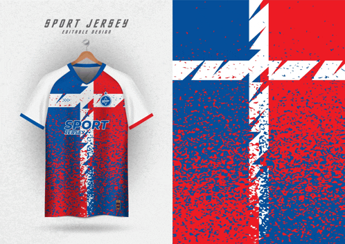 a red white and blue sport jersey with a lightning bolt on it