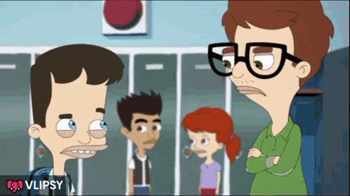 a group of cartoon characters are standing in front of lockers with a vlipsy logo in the corner