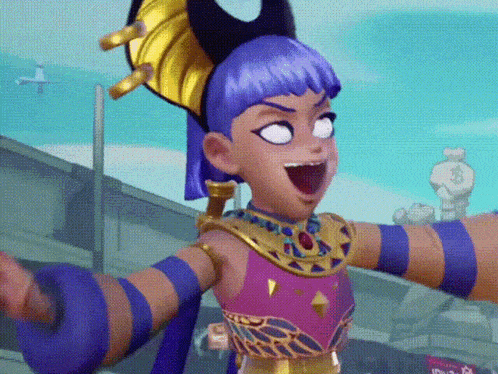 a cartoon character with purple hair and a gold crown on her head
