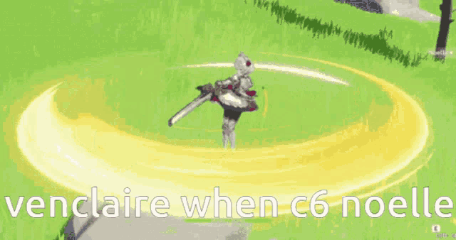 a video game character is holding a sword and the words venclaire when c6 noelle are on the screen .
