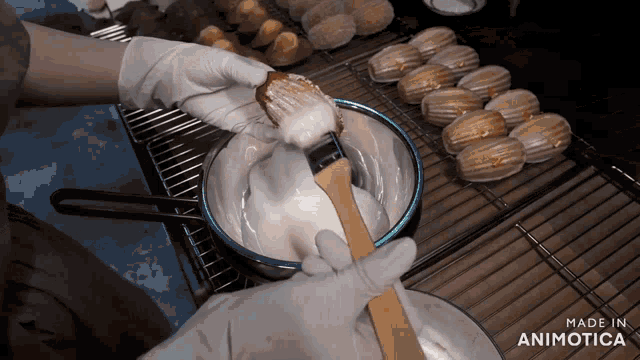 a person is mixing something in a bowl that says made in animonica