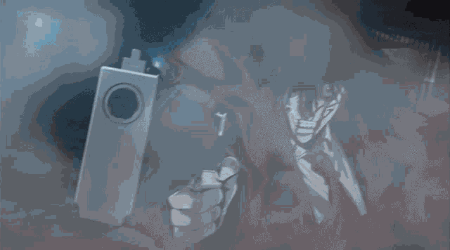 a blue and white background with a blurred image of a person 's face