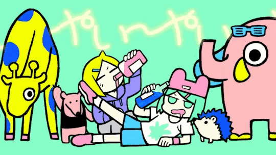a group of cartoon characters including a giraffe and a girl drinking a bottle of water