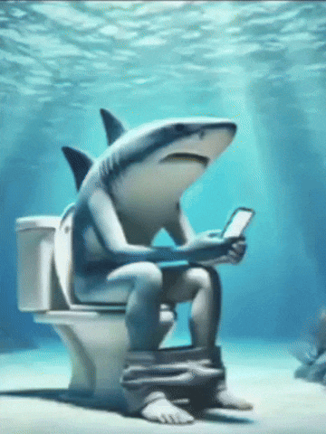 a shark is sitting on a toilet underwater looking at a cell phone
