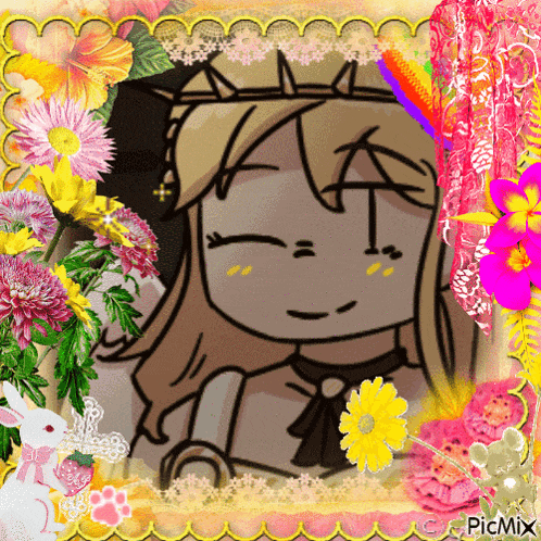 a picture of a girl with a crown on her head is surrounded by flowers and says picmix