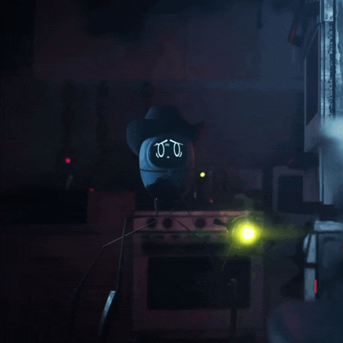 a robot with a cowboy hat and a face that says u.u.