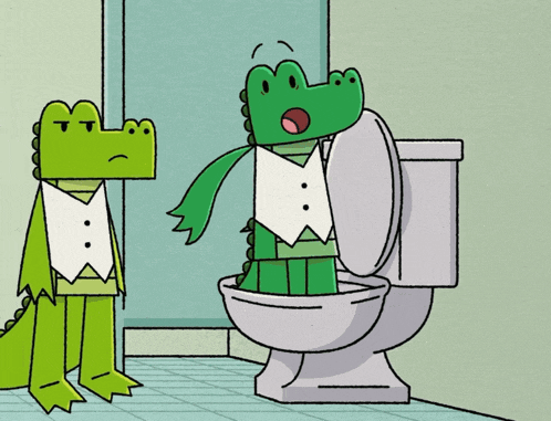 a cartoon of a crocodile standing next to a toilet with a green frog coming out of it