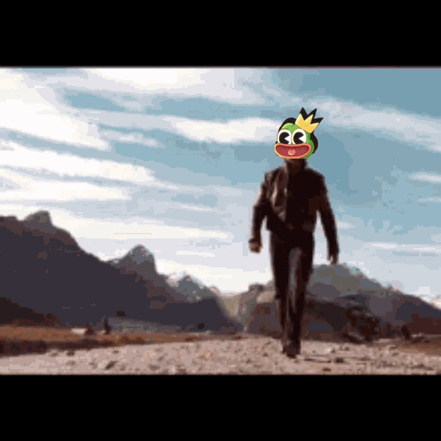 a cartoon character with a crown on their head is walking on a dirt road